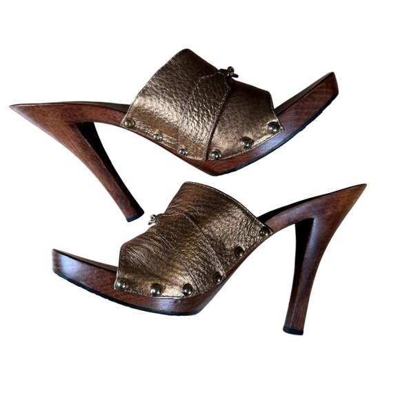 Gucci Bronze Leather Horsebit Wooden Clogs Heels Size UK 9B - Picture 7 of 12